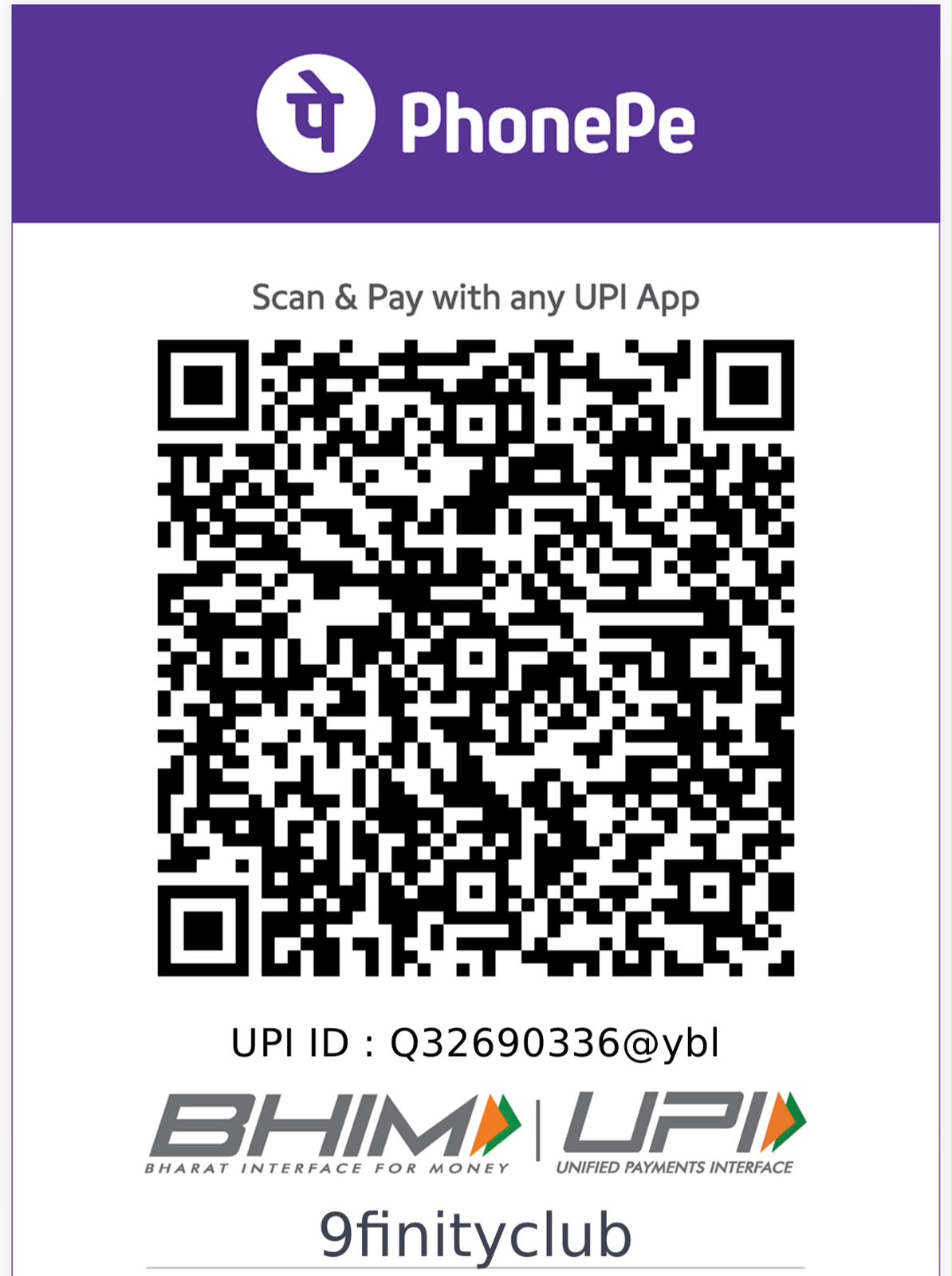 PhonePe Merchant QR for 9FINITY CLUB